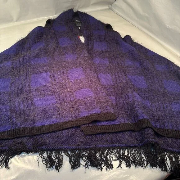 Vertigo Plaid Fuzzy Cardigan Womens Open Front Tweed Wrap Cape Boho Fringe Trim - Picture 5 of 16